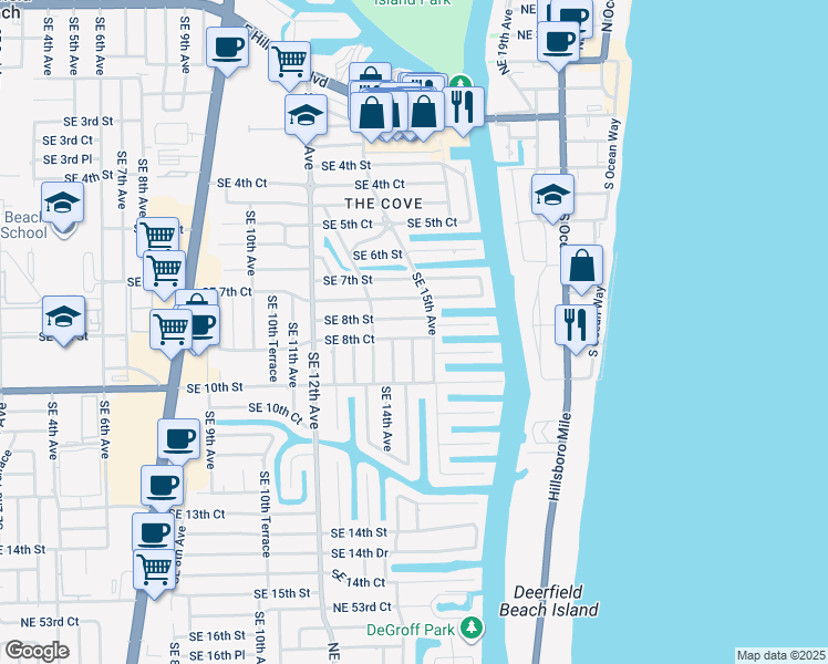 map of restaurants, bars, coffee shops, grocery stores, and more near 1439 Southeast 8th Court in Deerfield Beach