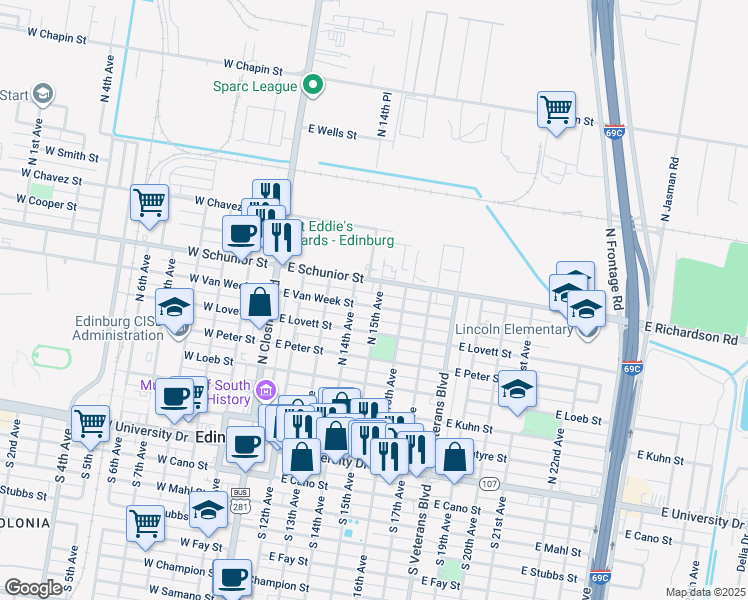 map of restaurants, bars, coffee shops, grocery stores, and more near 701 North 15th Avenue in Edinburg