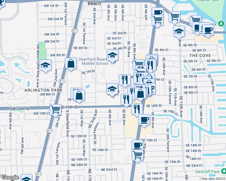 map of restaurants, bars, coffee shops, grocery stores, and more near 475 Southeast 8th Street in Deerfield Beach