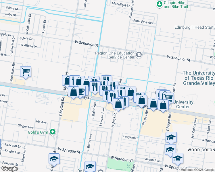 map of restaurants, bars, coffee shops, grocery stores, and more near 2110 Elisa Lane in Edinburg