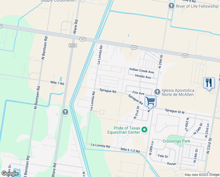 map of restaurants, bars, coffee shops, grocery stores, and more near Sprague Avenue in McAllen