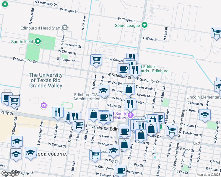 map of restaurants, bars, coffee shops, grocery stores, and more near 317 West Lovett Street in Edinburg