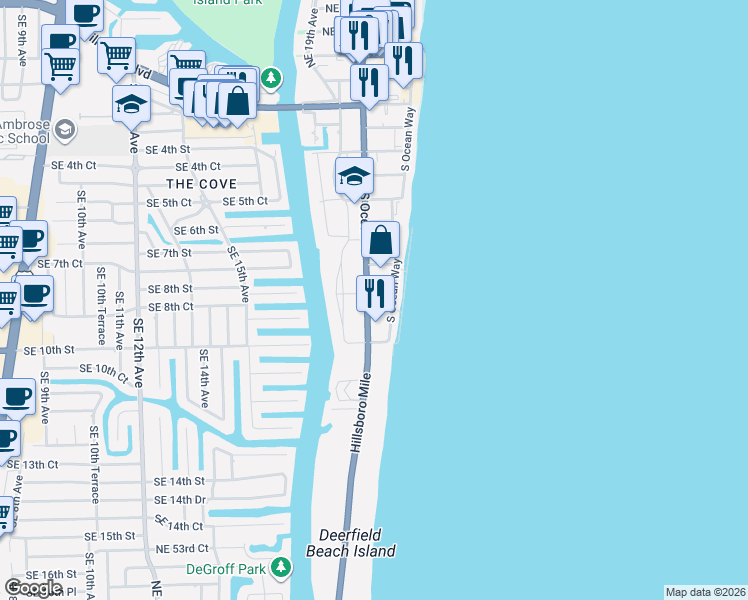 map of restaurants, bars, coffee shops, grocery stores, and more near 836 Southeast 20th Avenue in Deerfield Beach