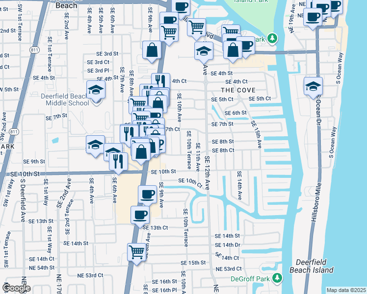 map of restaurants, bars, coffee shops, grocery stores, and more near 804 Southeast 10th Avenue in Deerfield Beach