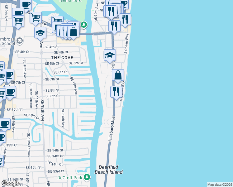 map of restaurants, bars, coffee shops, grocery stores, and more near 838 Southeast 20th Avenue in Deerfield Beach