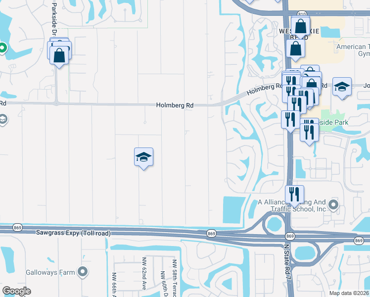map of restaurants, bars, coffee shops, grocery stores, and more near 6210 Northwest 63rd Way in Parkland