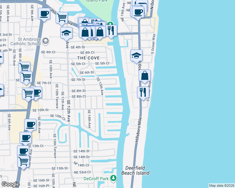 map of restaurants, bars, coffee shops, grocery stores, and more near 1580 Southeast 8th Street in Deerfield Beach