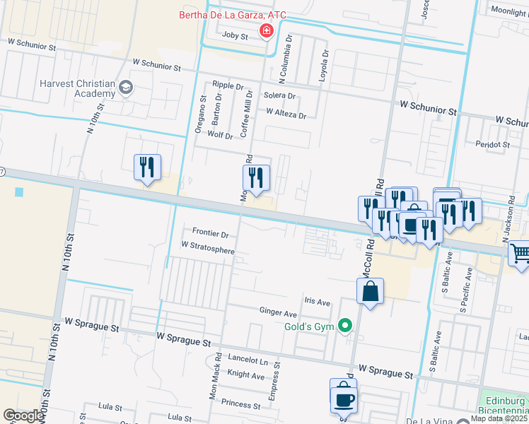 map of restaurants, bars, coffee shops, grocery stores, and more near 2720 West University Drive in Edinburg