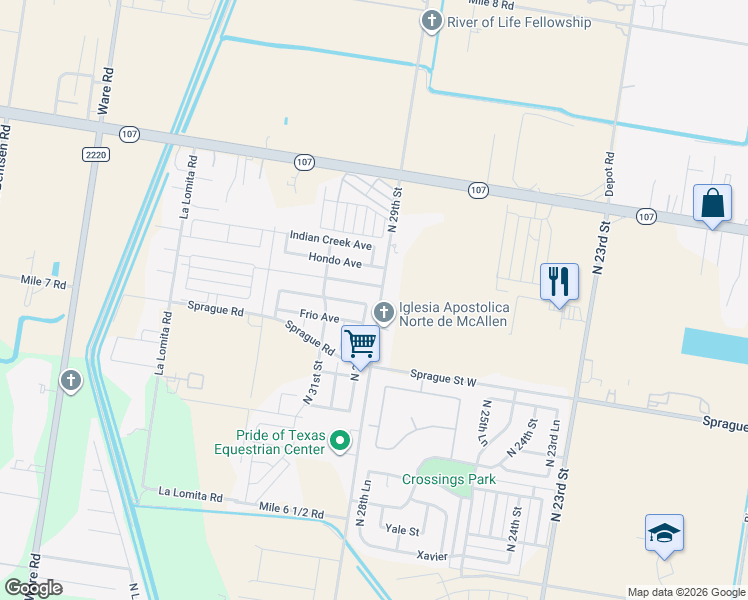 map of restaurants, bars, coffee shops, grocery stores, and more near 2912 Fuerte Avenue in McAllen