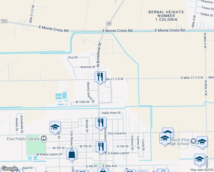 map of restaurants, bars, coffee shops, grocery stores, and more near 201 Los Laureles in Edcouch