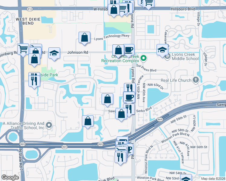 map of restaurants, bars, coffee shops, grocery stores, and more near 4925 Egret Court in Coconut Creek