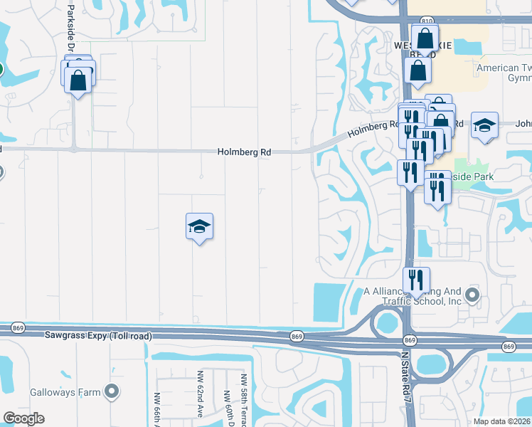 map of restaurants, bars, coffee shops, grocery stores, and more near 6210 Northwest 63rd Way in Parkland