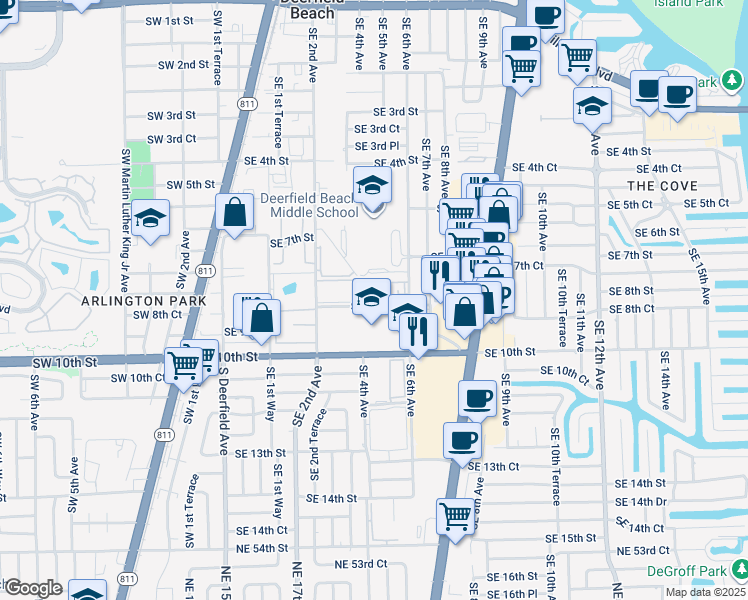 map of restaurants, bars, coffee shops, grocery stores, and more near 475 Southeast 8th Street in Deerfield Beach