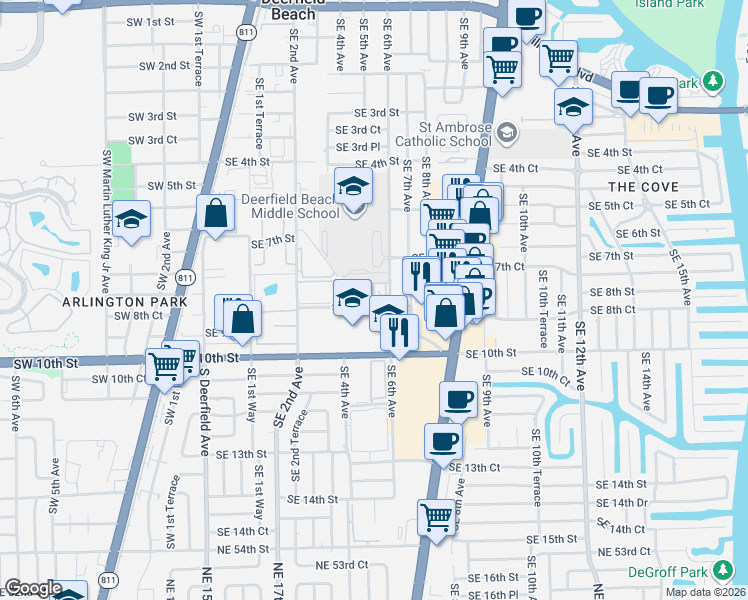 map of restaurants, bars, coffee shops, grocery stores, and more near 475 Southeast 8th Street in Deerfield Beach