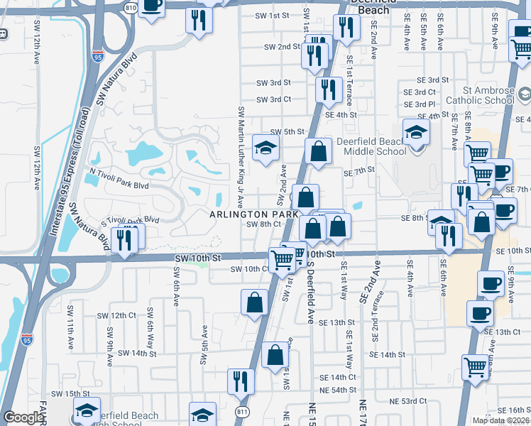 map of restaurants, bars, coffee shops, grocery stores, and more near 224 Southwest 8th Street in Deerfield Beach