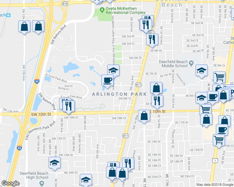 map of restaurants, bars, coffee shops, grocery stores, and more near 288 Southwest 8th Street in Deerfield Beach