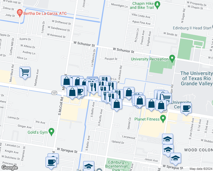 map of restaurants, bars, coffee shops, grocery stores, and more near 2110 Elisa Lane in Edinburg