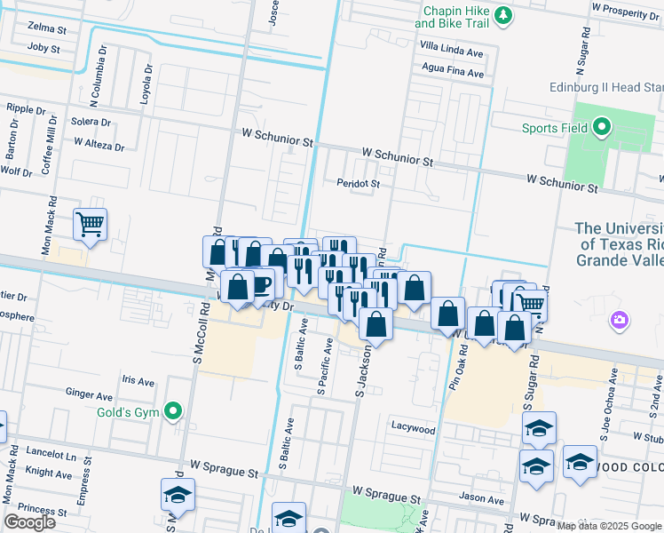 map of restaurants, bars, coffee shops, grocery stores, and more near 2308 Elisa Lane in Edinburg