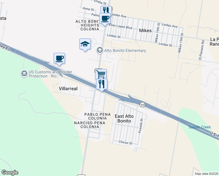 map of restaurants, bars, coffee shops, grocery stores, and more near 7273 U.S. 83 Frontage Road in Rio Grande City