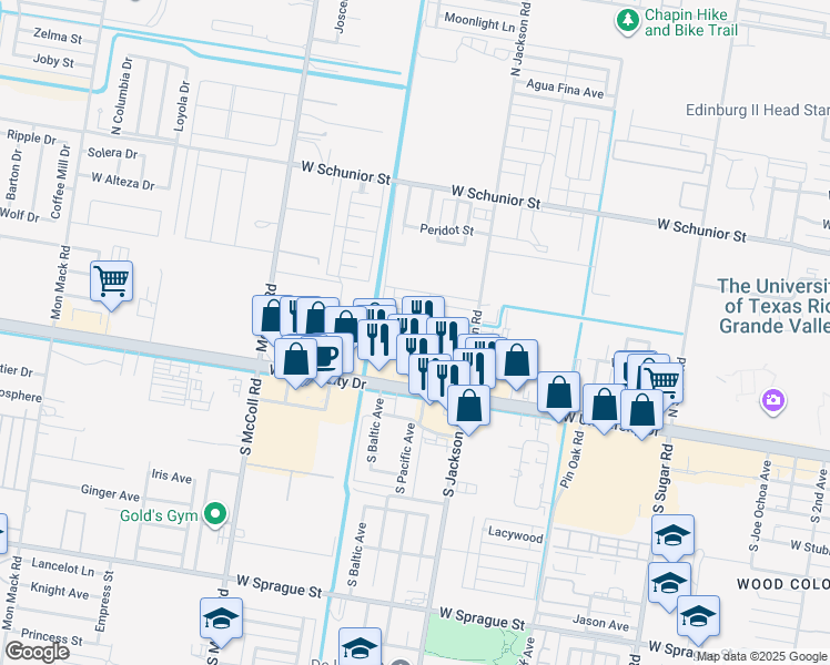 map of restaurants, bars, coffee shops, grocery stores, and more near 2308 Elisa Lane in Edinburg