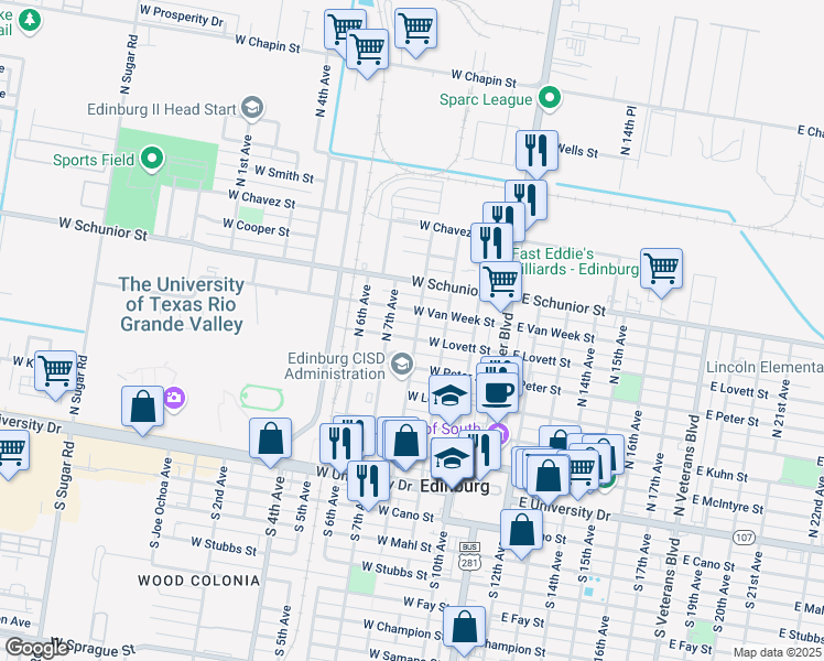 map of restaurants, bars, coffee shops, grocery stores, and more near 317 West Lovett Street in Edinburg