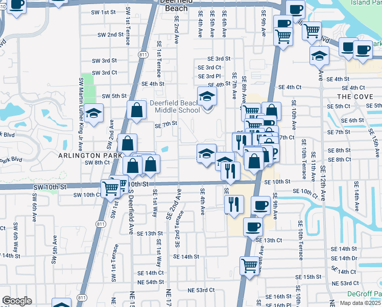 map of restaurants, bars, coffee shops, grocery stores, and more near 223 Southeast 8th Street in Deerfield Beach
