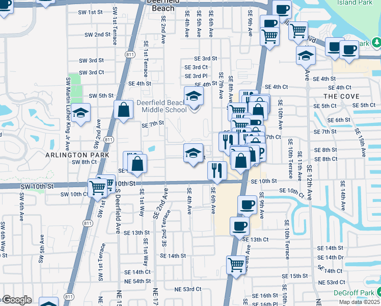 map of restaurants, bars, coffee shops, grocery stores, and more near 475 Southeast 8th Street in Deerfield Beach