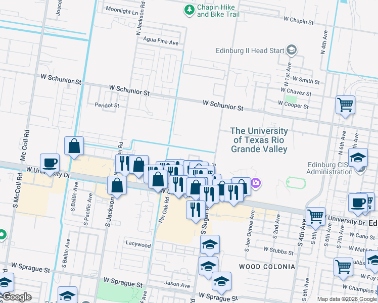 map of restaurants, bars, coffee shops, grocery stores, and more near 1820 Charles Circle Street in Edinburg