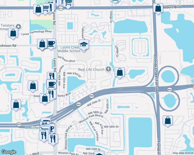 map of restaurants, bars, coffee shops, grocery stores, and more near 6302 Northwest 42nd Terrace in Coconut Creek