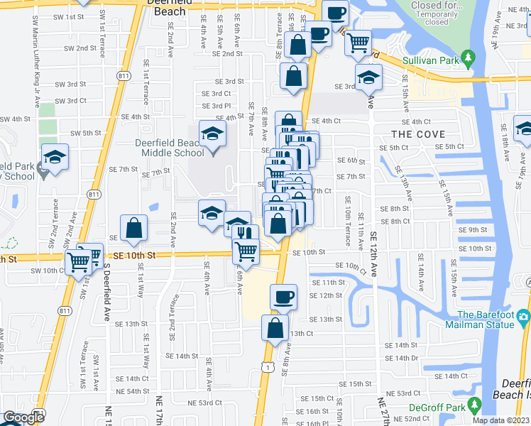 map of restaurants, bars, coffee shops, grocery stores, and more near 807 Southeast 8th Street in Deerfield Beach
