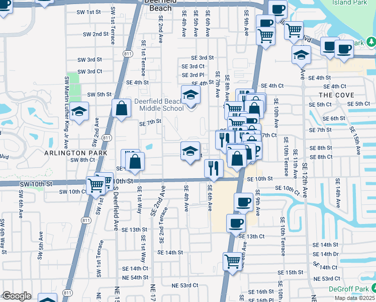 map of restaurants, bars, coffee shops, grocery stores, and more near 475 Southeast 8th Street in Deerfield Beach