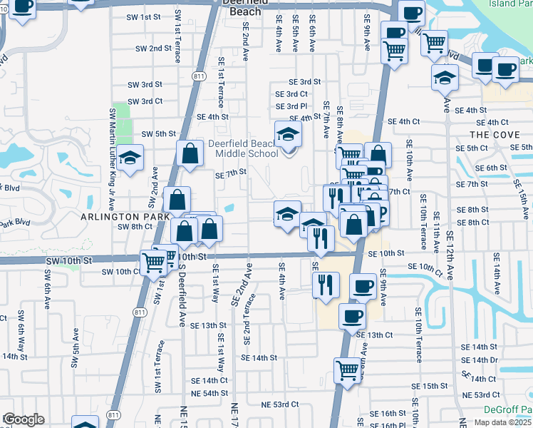 map of restaurants, bars, coffee shops, grocery stores, and more near 223 Southeast 8th Street in Deerfield Beach