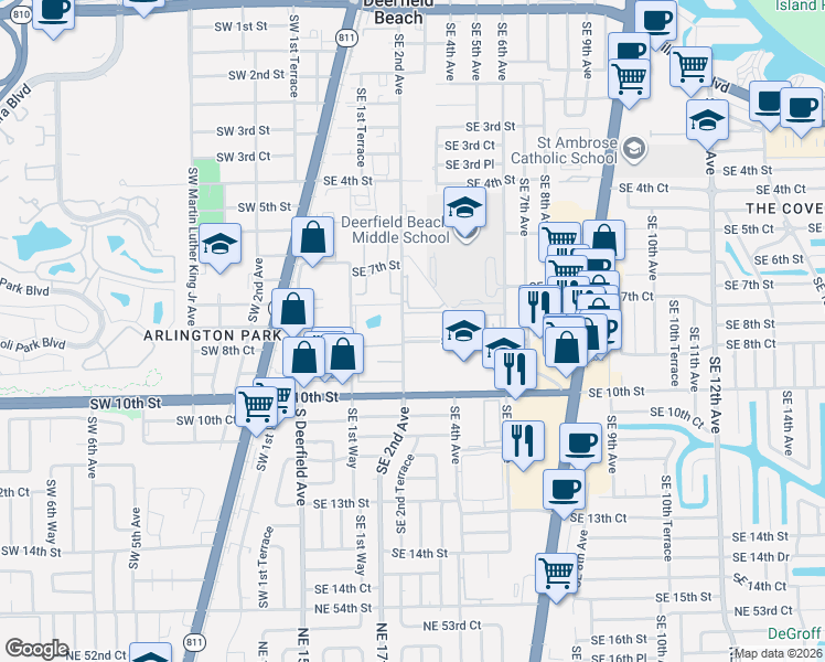 map of restaurants, bars, coffee shops, grocery stores, and more near 223 Southeast 8th Street in Deerfield Beach