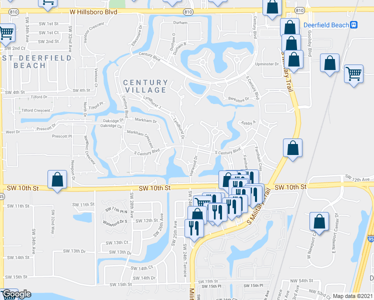 map of restaurants, bars, coffee shops, grocery stores, and more near 105 Harwood Drive in Deerfield Beach