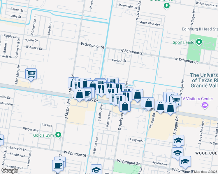 map of restaurants, bars, coffee shops, grocery stores, and more near 2308 Elisa Lane in Edinburg