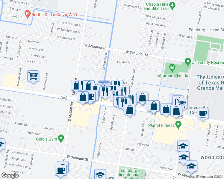 map of restaurants, bars, coffee shops, grocery stores, and more near 2308 Elisa Lane in Edinburg
