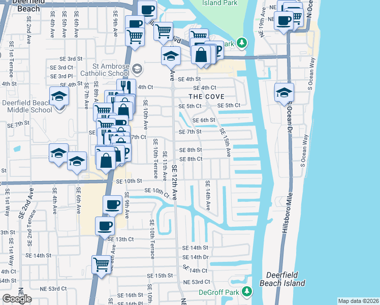 map of restaurants, bars, coffee shops, grocery stores, and more near 1248 Southeast 8th Street in Deerfield Beach