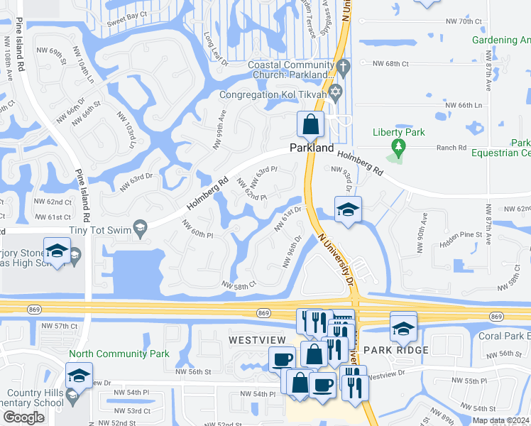 map of restaurants, bars, coffee shops, grocery stores, and more near 6200 Northwest 97th Avenue in Parkland