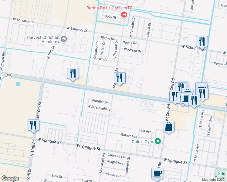 map of restaurants, bars, coffee shops, grocery stores, and more near Mon Mack Road in Edinburg