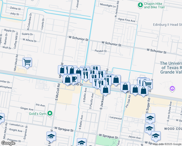 map of restaurants, bars, coffee shops, grocery stores, and more near 2308 Elisa Lane in Edinburg