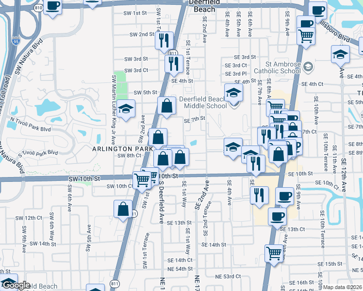map of restaurants, bars, coffee shops, grocery stores, and more near 755 Southeast 1st Way in Deerfield Beach