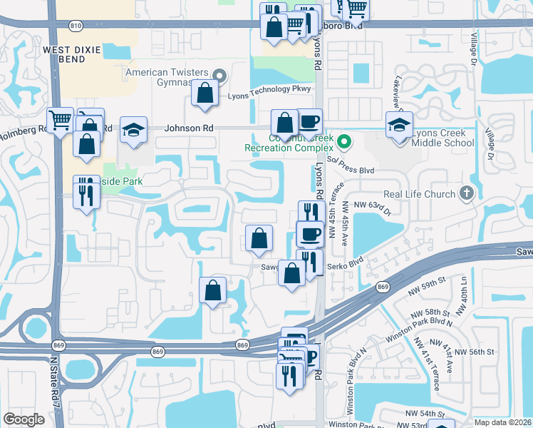 map of restaurants, bars, coffee shops, grocery stores, and more near 4949 Egret Court in Coconut Creek