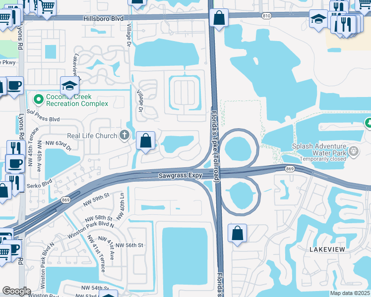 map of restaurants, bars, coffee shops, grocery stores, and more near 3829 Northwest 62nd Court in Coconut Creek