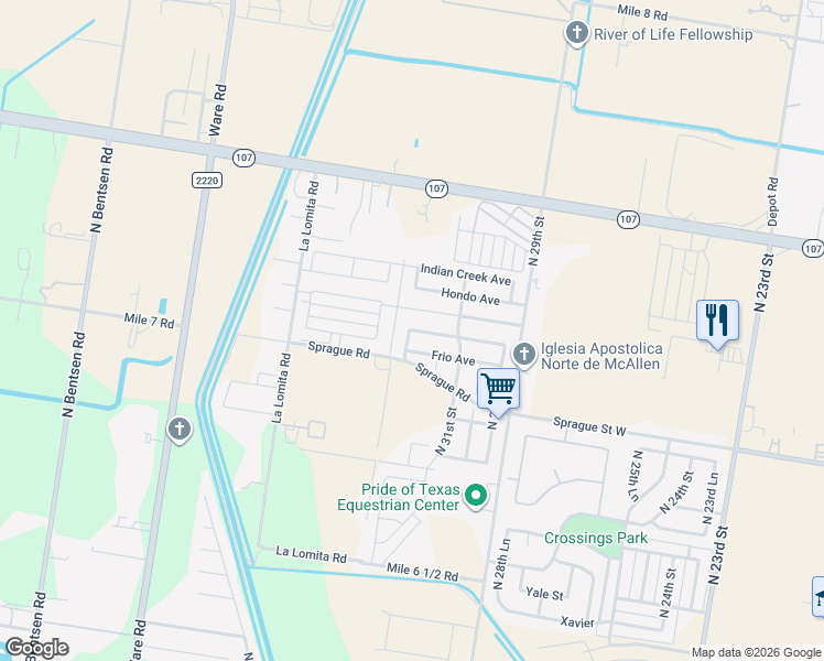 map of restaurants, bars, coffee shops, grocery stores, and more near 3209 Fuerte Avenue in McAllen