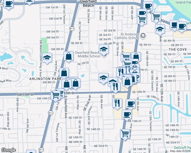 map of restaurants, bars, coffee shops, grocery stores, and more near 760 Southeast 2nd Avenue in Deerfield Beach