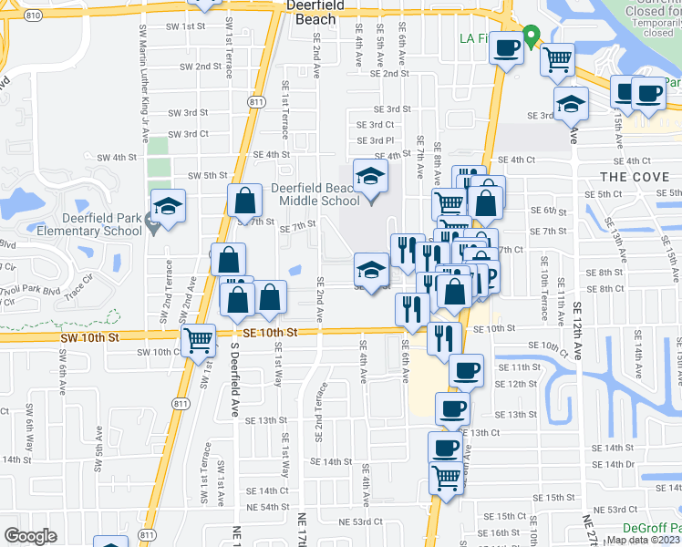 map of restaurants, bars, coffee shops, grocery stores, and more near 223 Southeast 8th Street in Deerfield Beach
