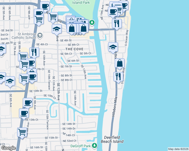 map of restaurants, bars, coffee shops, grocery stores, and more near 1530 Southeast 8th Street in Deerfield Beach