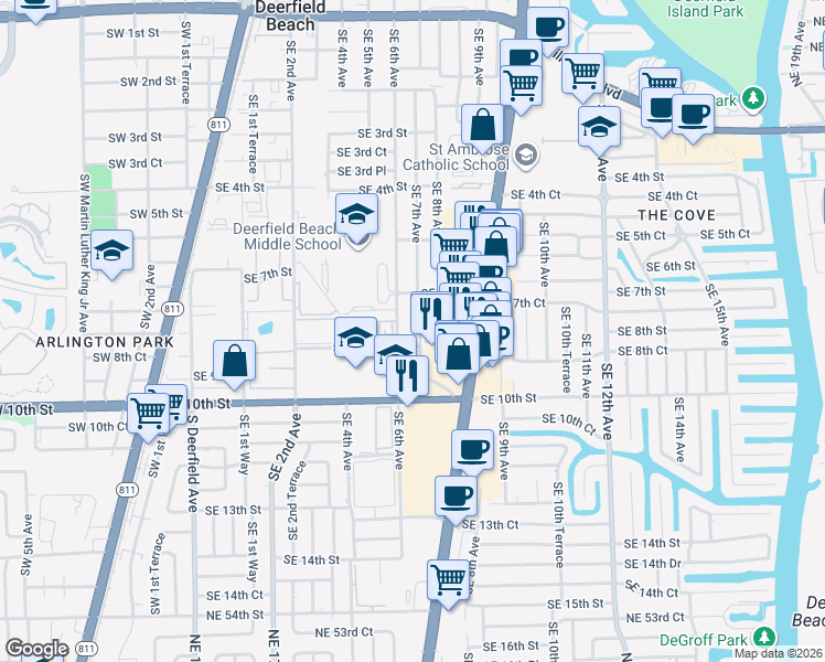 map of restaurants, bars, coffee shops, grocery stores, and more near 750 Southeast 6th Avenue in Deerfield Beach