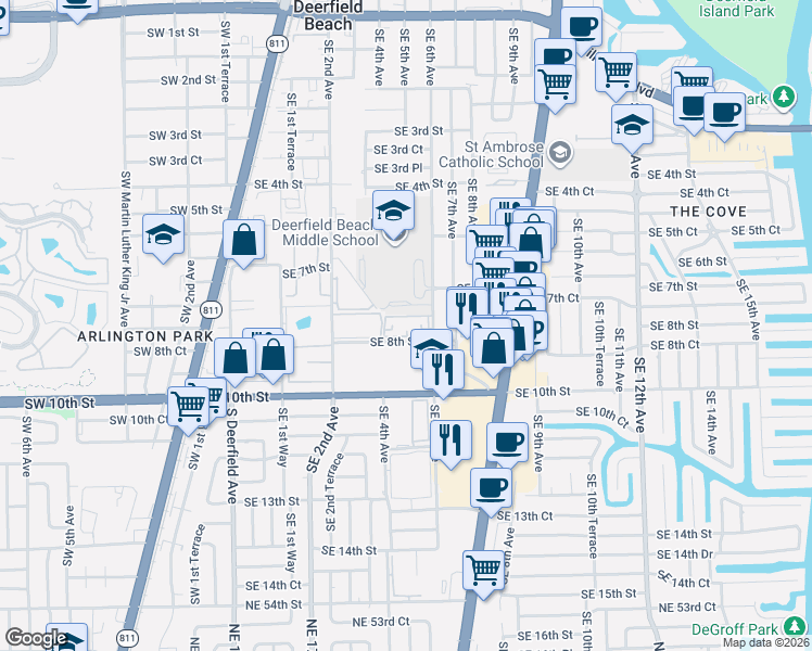 map of restaurants, bars, coffee shops, grocery stores, and more near 475 Southeast 8th Street in Deerfield Beach