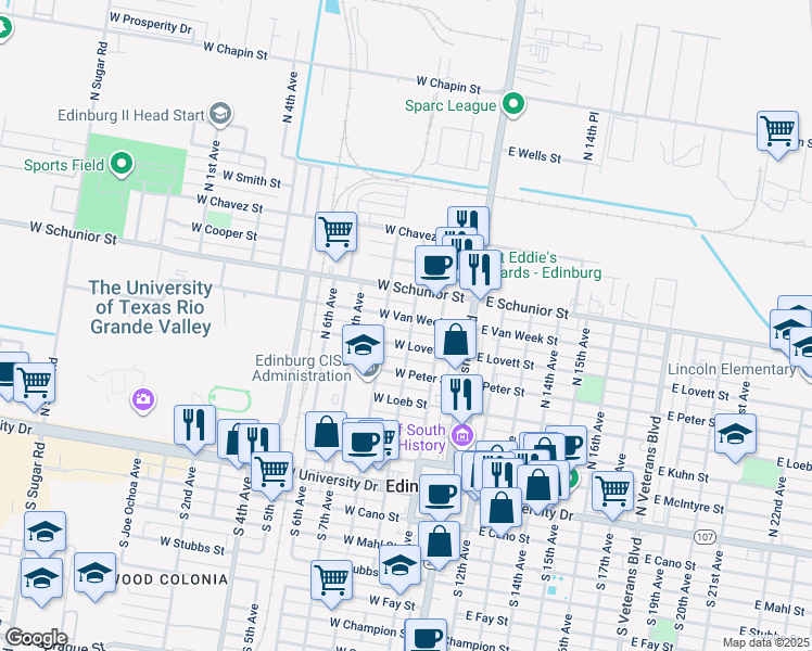 map of restaurants, bars, coffee shops, grocery stores, and more near 317 West Lovett Street in Edinburg